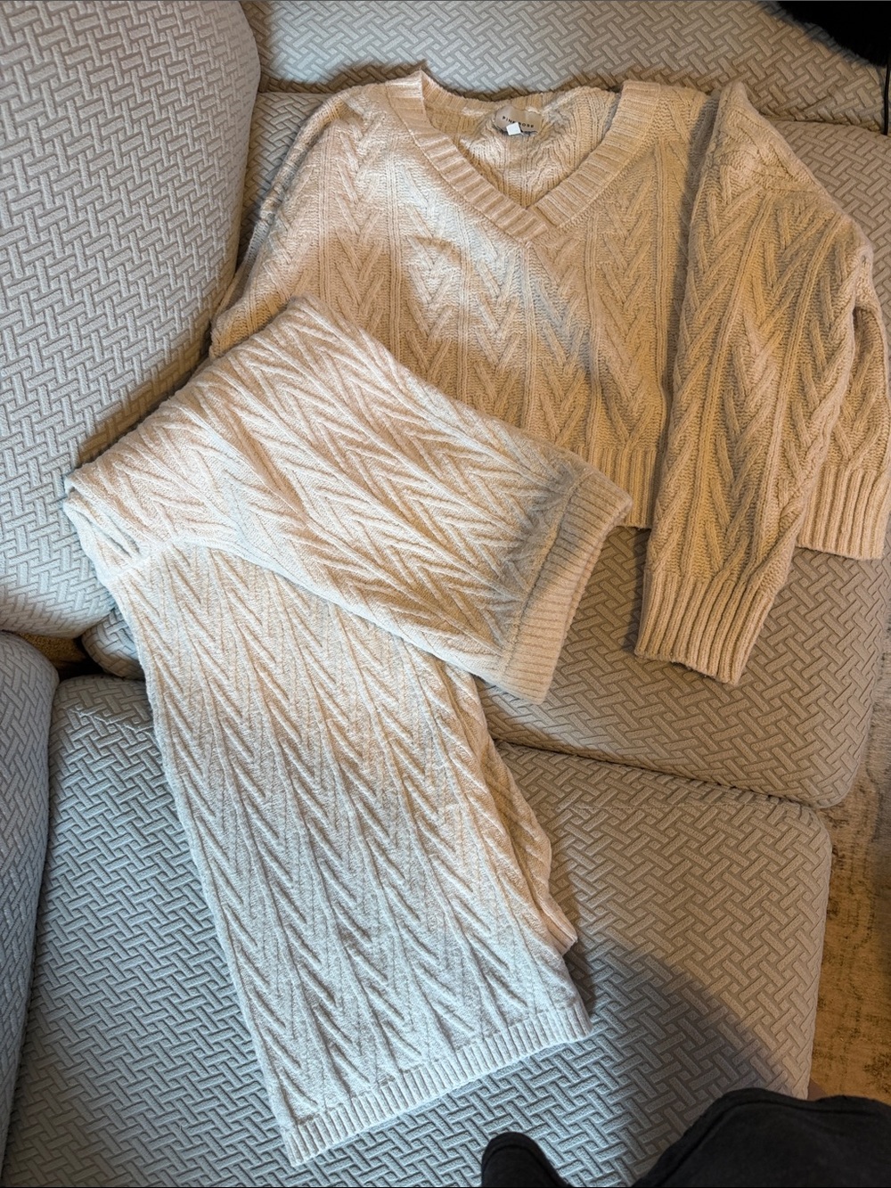 Pink Rose Cream Cable Knit V-Neck Sweater and wide leg pants